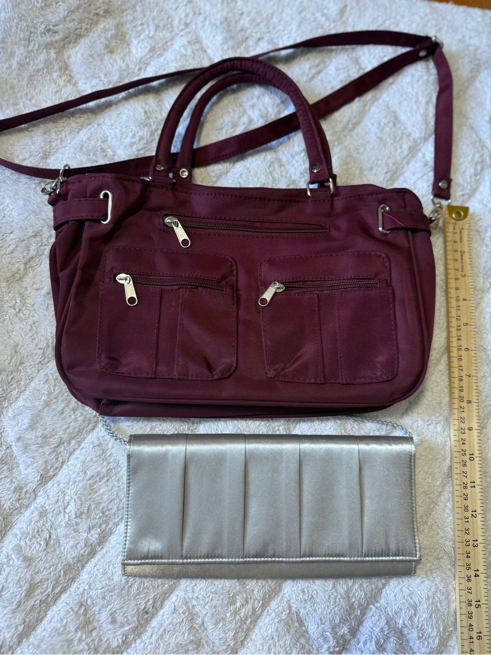 2 lot Multi-Pocket Shoulder Bag in Burgundy and silver evening purse